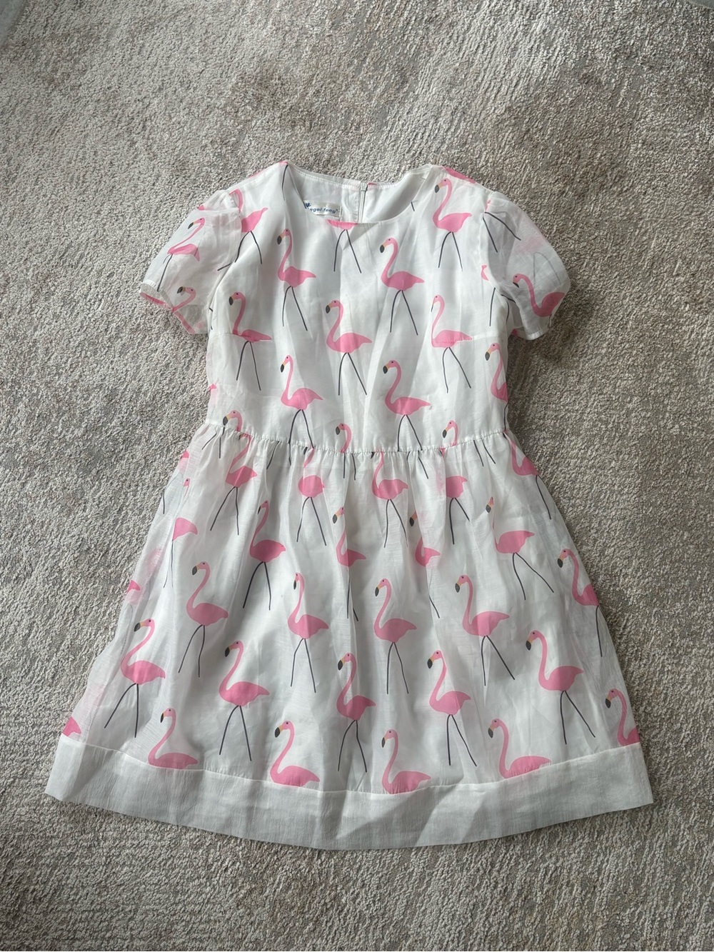 White Dress with Pink Flamingo Print - Women's Short Sleeve Dress